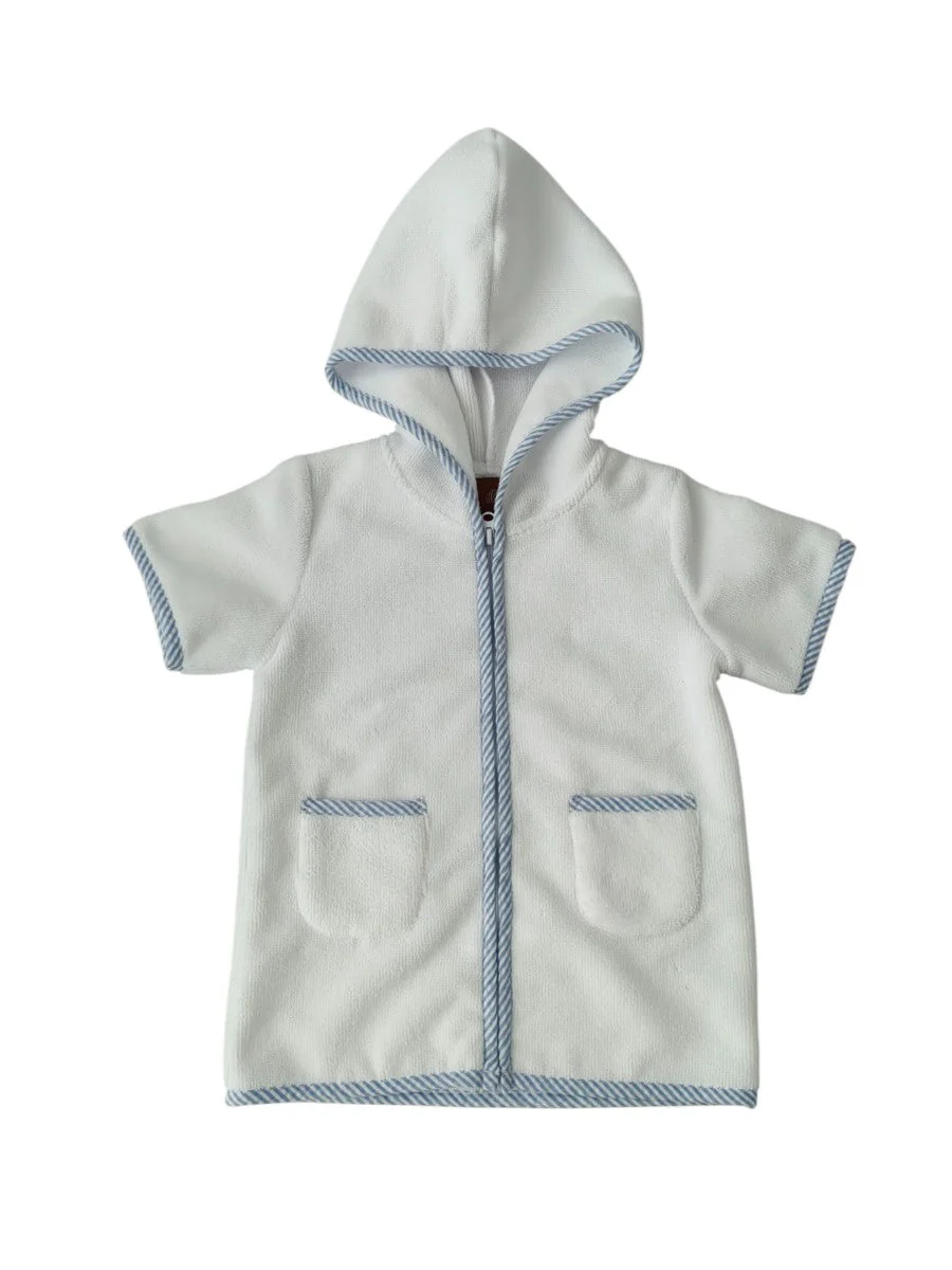 Classic Terry Hooded Cover-Up with Blue Seersucker Trim