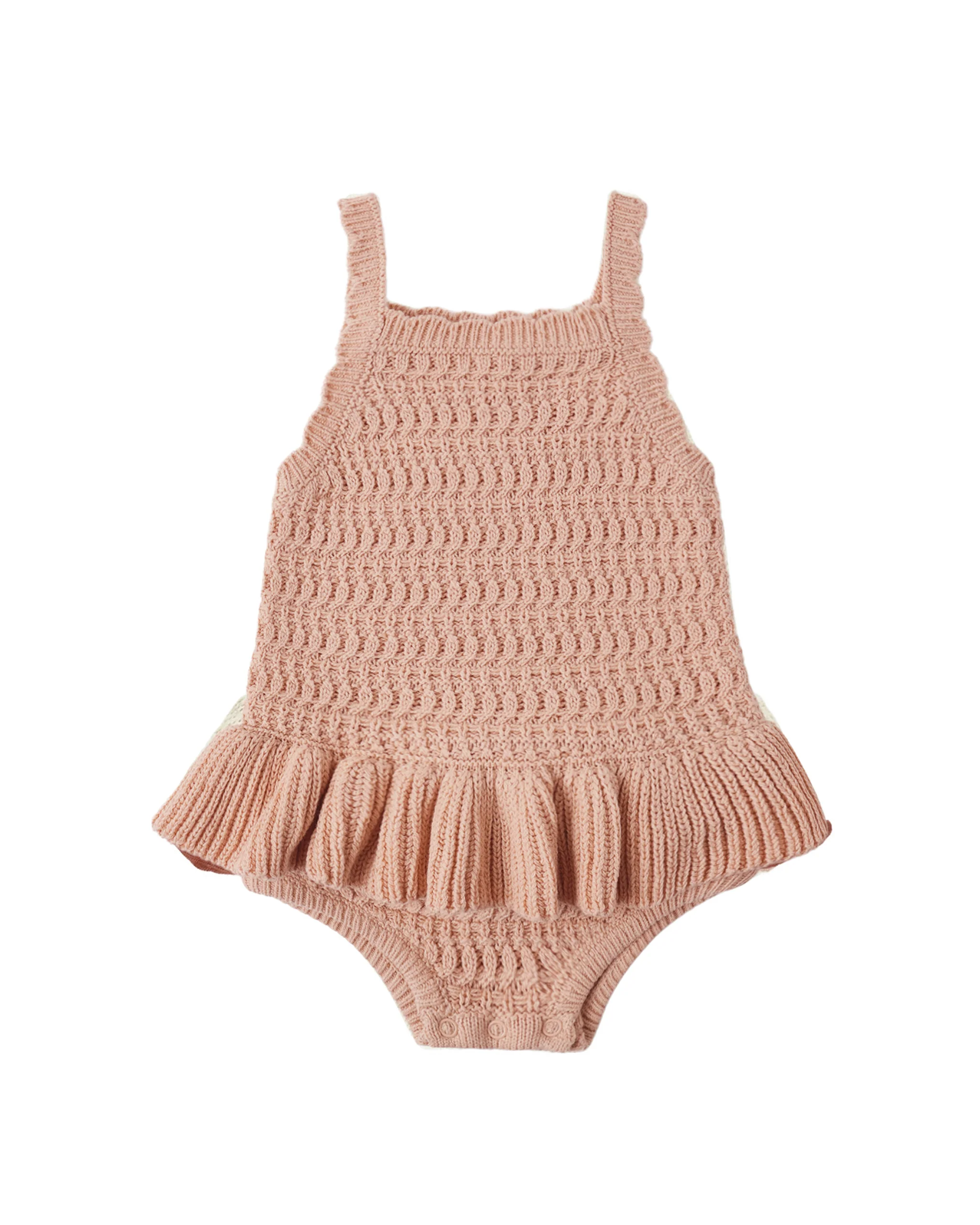 RYLEE + CRU CROCHET RUFFLE ROMPER MELON
