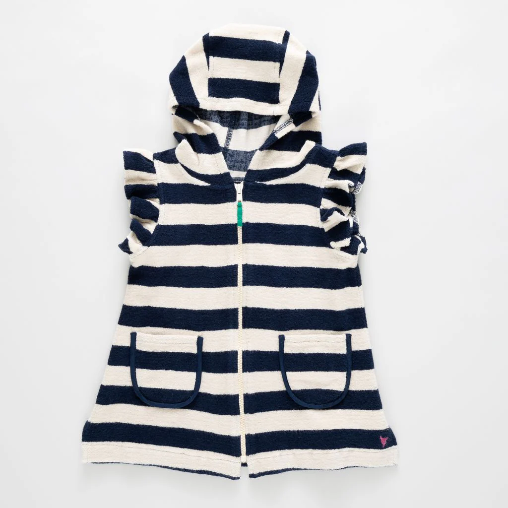 Pink Chicken girl's terry coverup - wide blue stripe