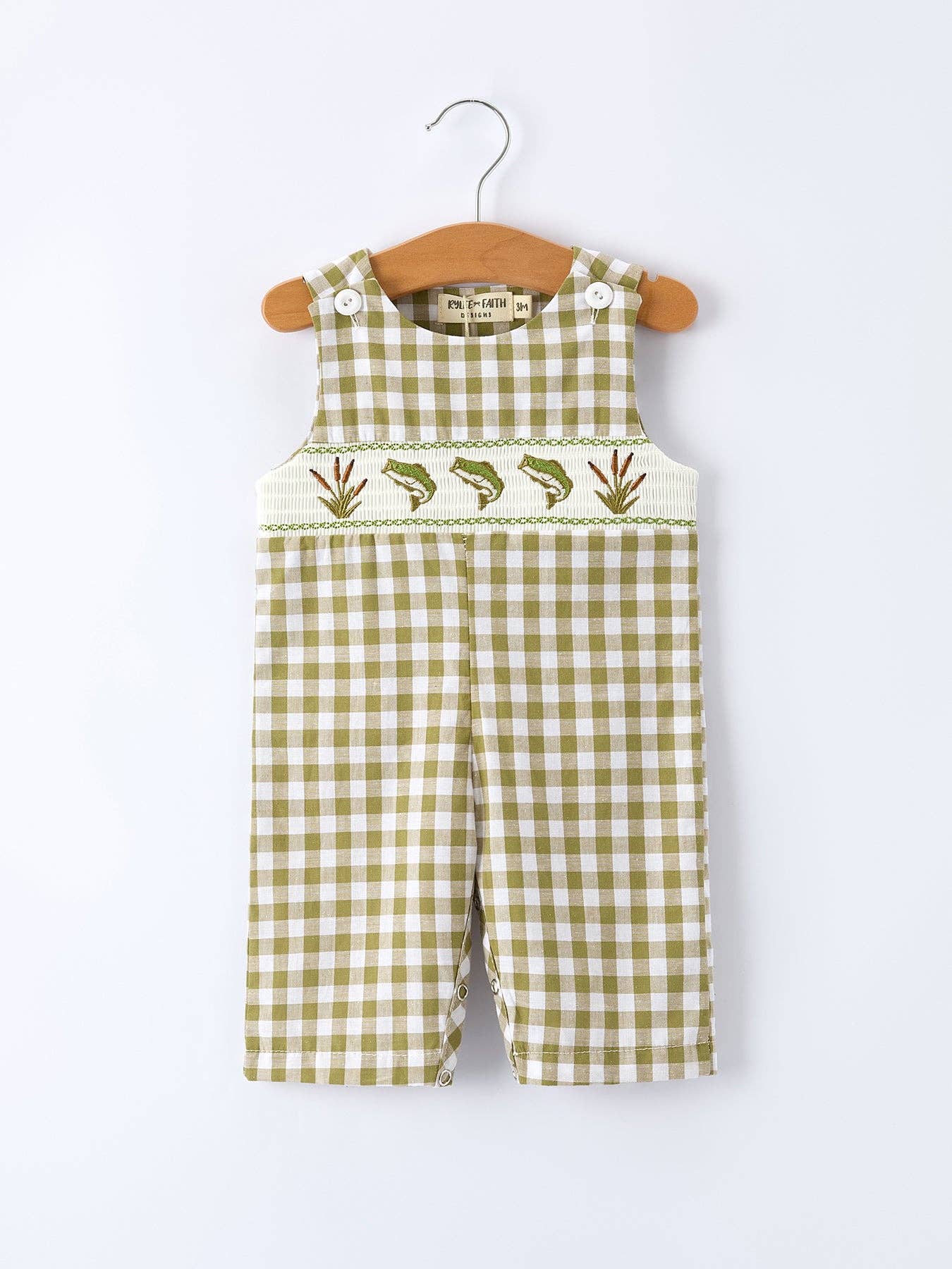 Green Plaid Fish Embroidered Smocked Jon Jon