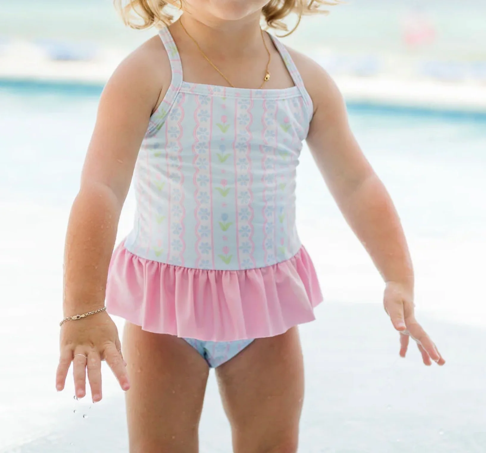 Lainey Blue Floral Scallop Skirted One Piece Swim