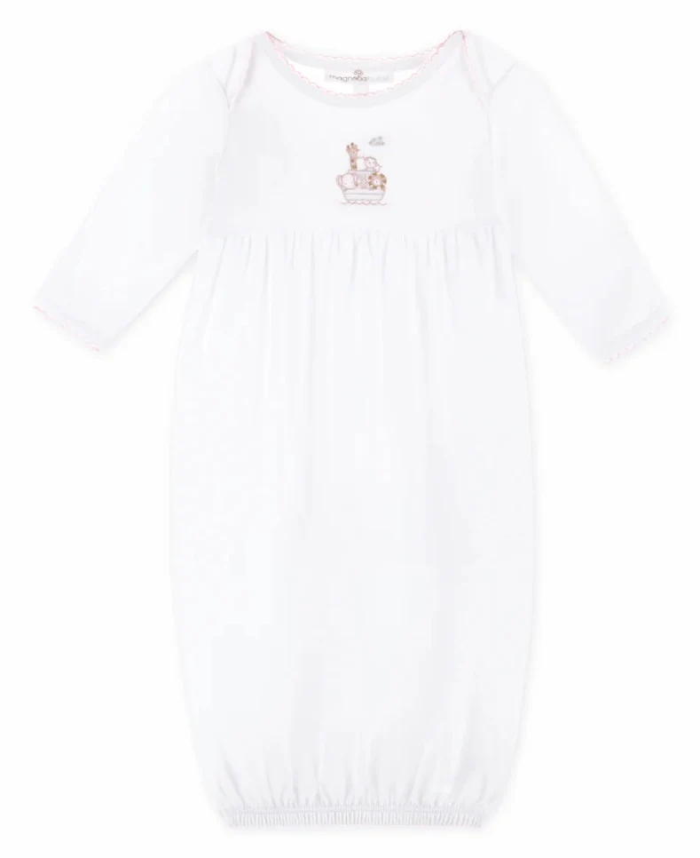 Magnolia Baby Noah's Ark Hand-Embroidered Gathered Gown - Pink