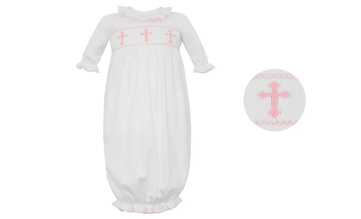 Petit Bebe Smocked Gown Girls with Pink Crosses
