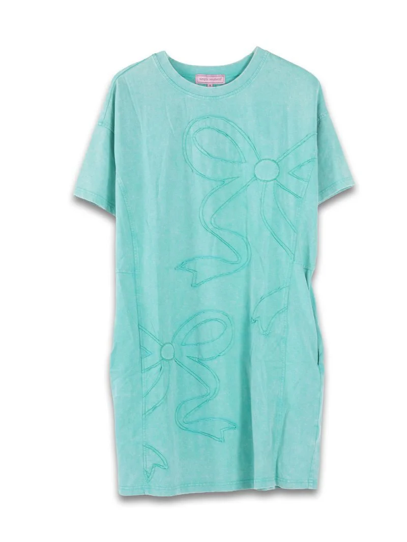 Simply Southern Girls Vintage Washed Bow Dress Teal
