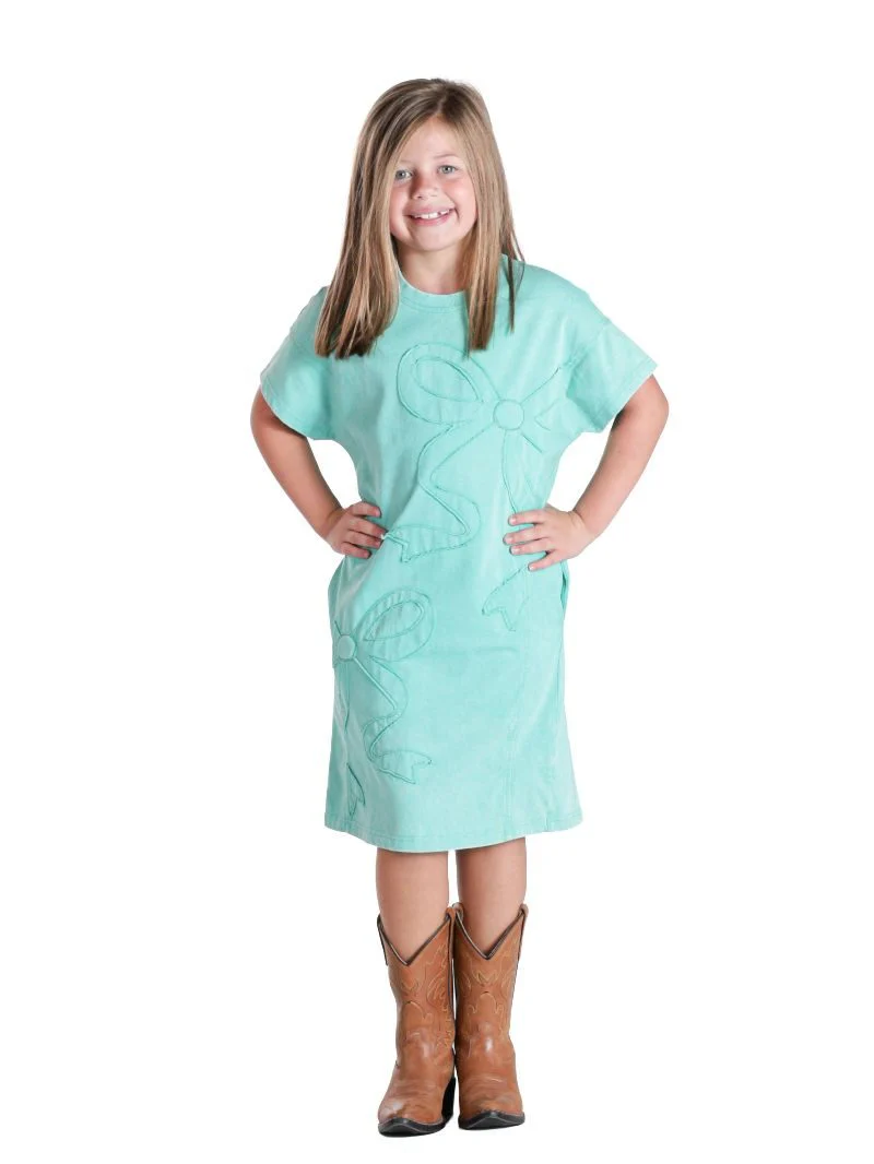Simply Southern Girls Vintage Washed Bow Dress Teal - Image 2