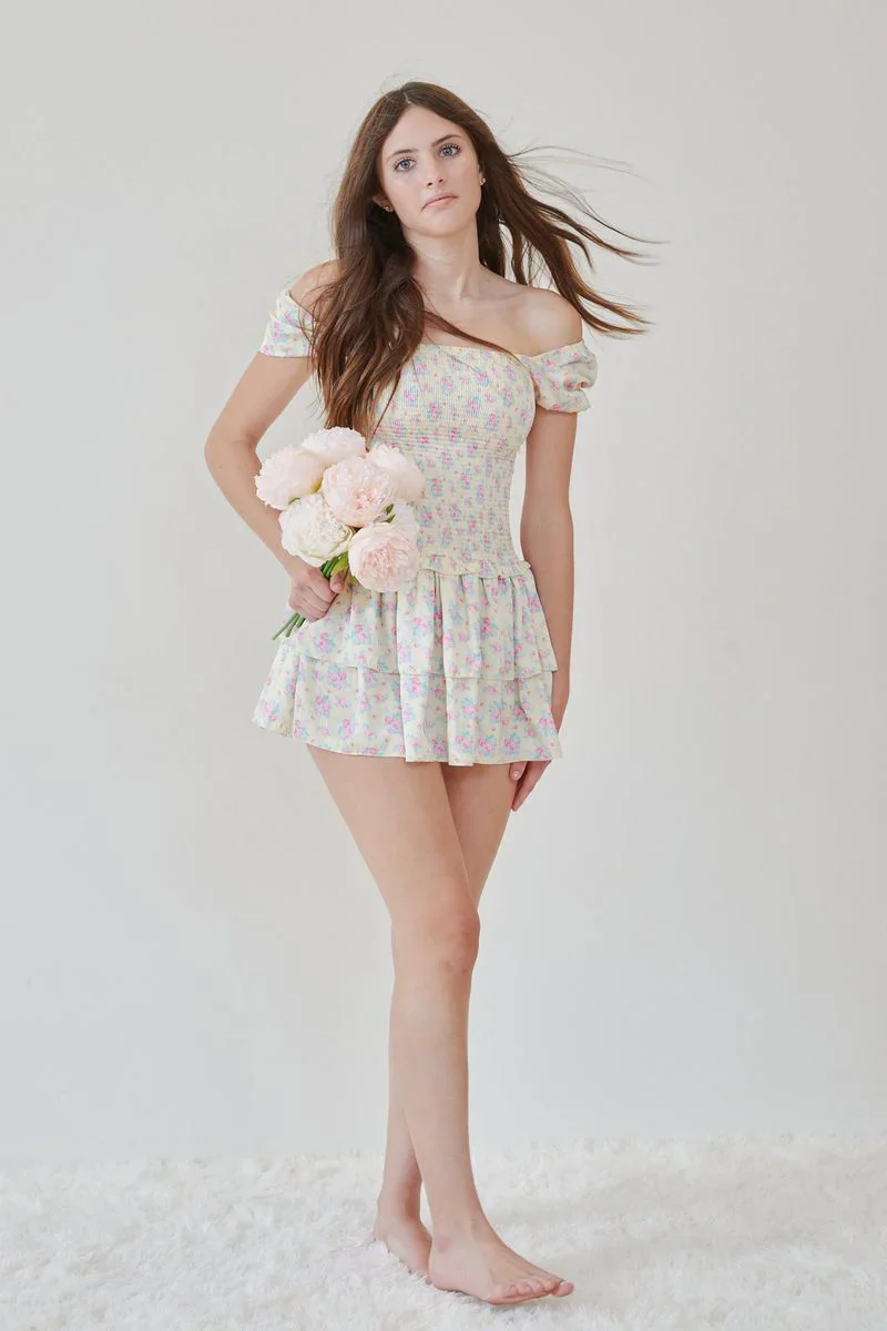 THEME - Lexi Romantic Rose With Yellow Satin Smocked Short Sleeve Ruffle Dress