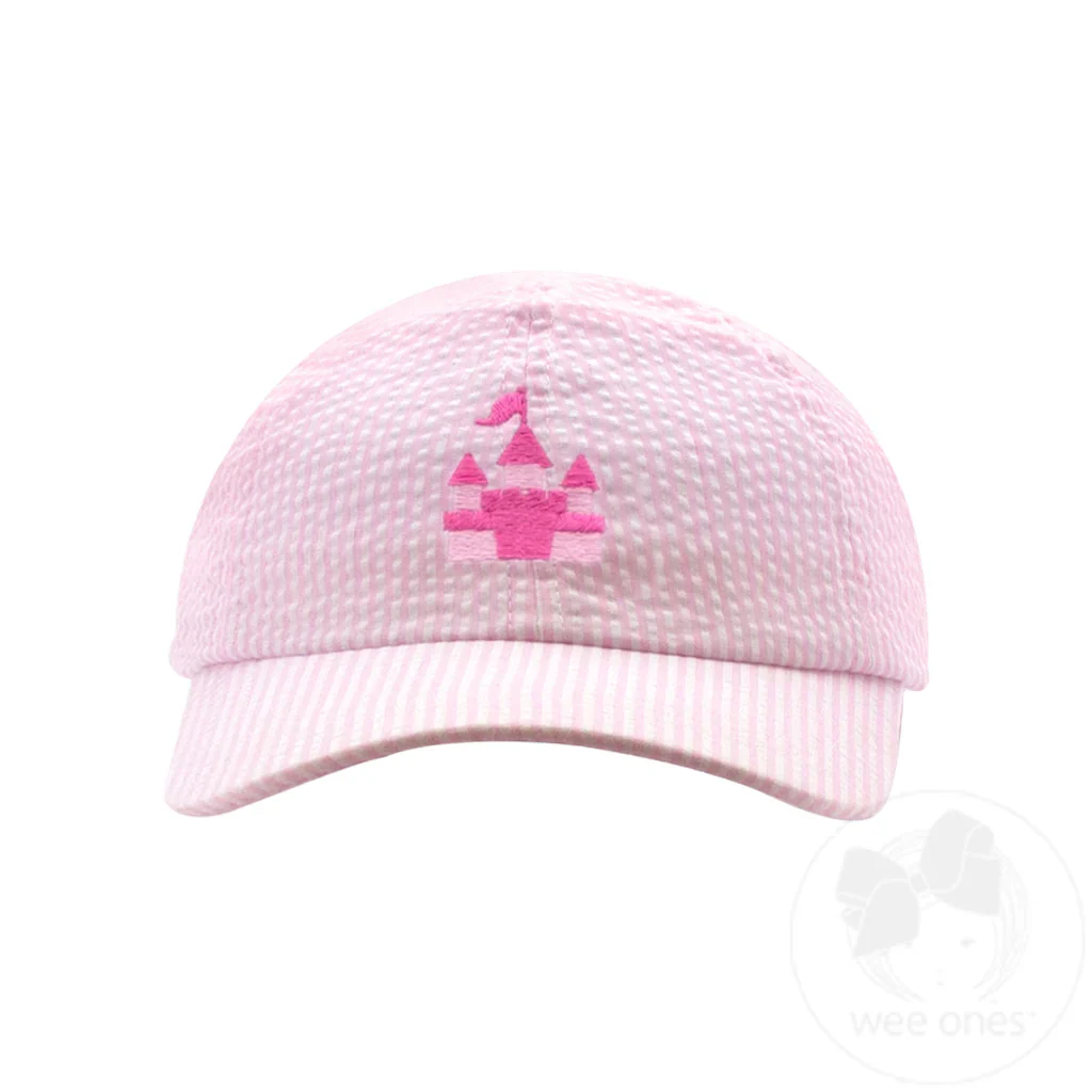 Wee Ones Girls Embroidered Pink Castle Seersucker Ball Cap- KIDS