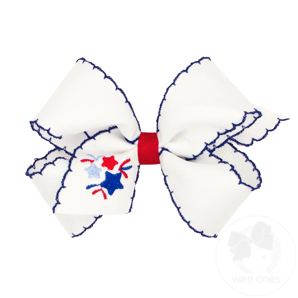 Wee Ones Medium FIREWORK Patriotic Embroidery on Moonstitch Edge Hair Bow